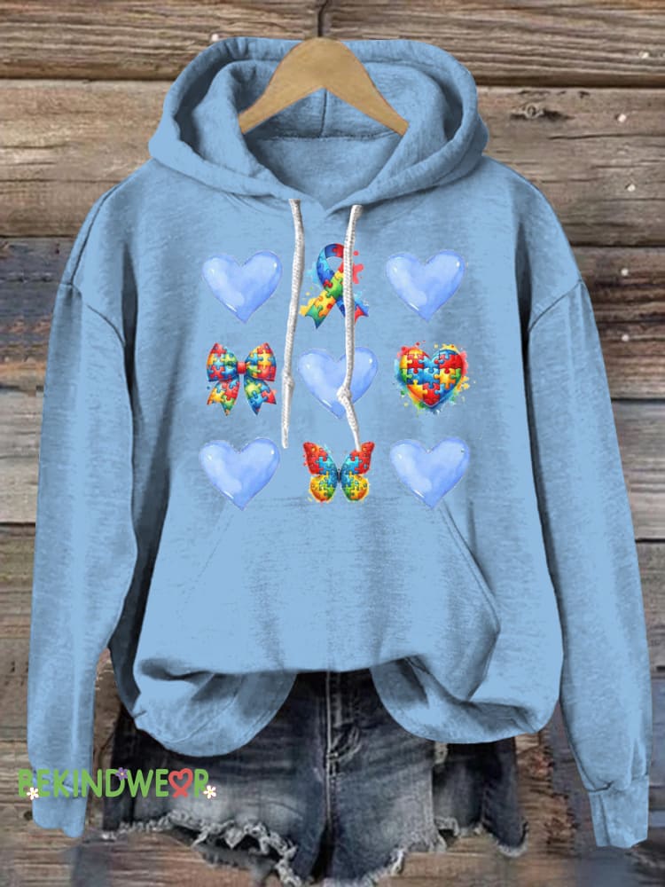 Autism Puzzle Ribbon Bow Heart Print Casual Hoodie LightBlue / S
