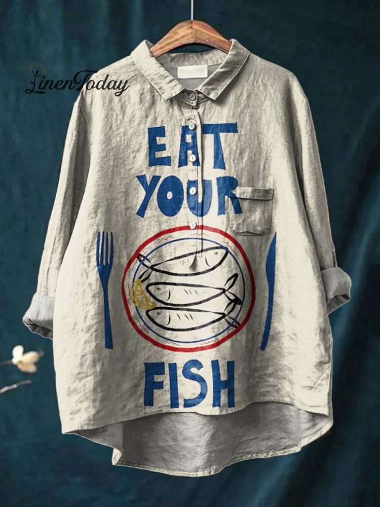 Women&rsquo;s Fish Sardines Vintage Food Print Casual Cotton And Linen Shirt Multicolor / S