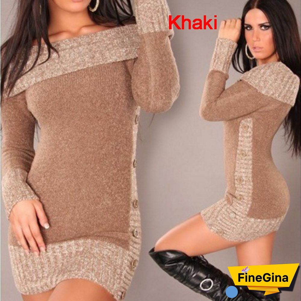 Women's Fashion Autumn Winter Casual Long Mini Dress Knitted Wear Knitted Sweater Dress