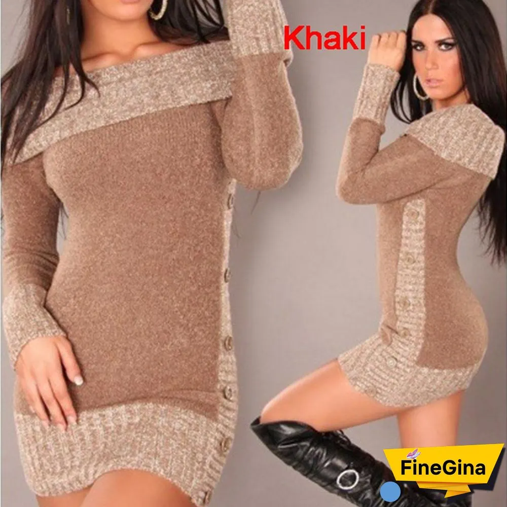 Women's Fashion Autumn Winter Casual Long Mini Dress Knitted Wear Knitted Sweater Dress