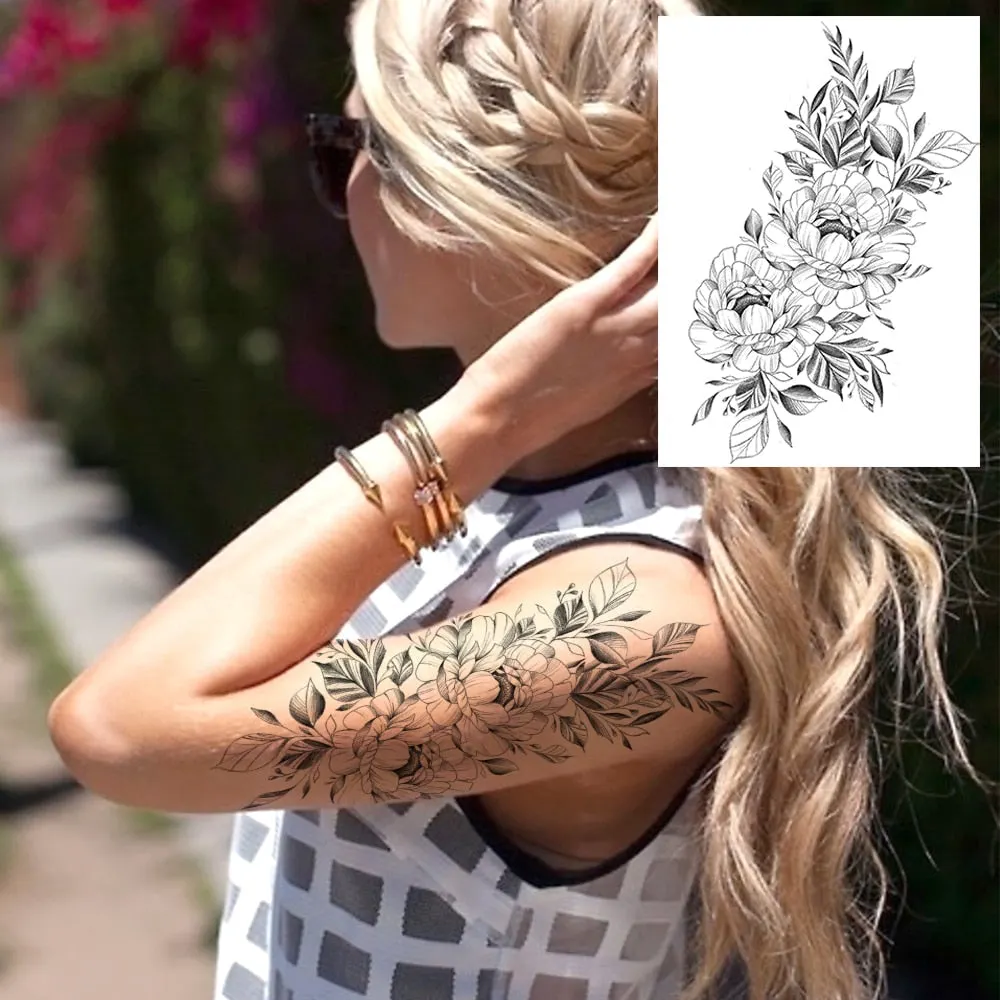 Realistic Sexy Peony Tattoos Temporary Women Adult Flower Arm Tattoos Sticker Waterproof Fake Floral Bloosom Body Leg Art Tatoos 530-1