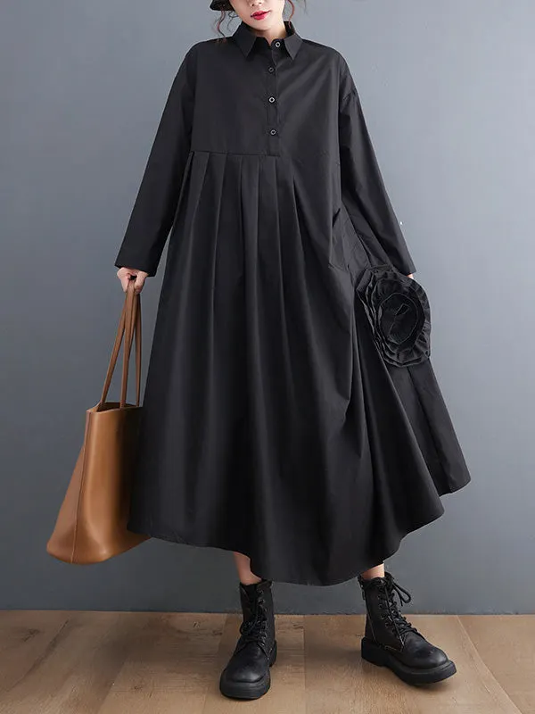 Urban Black Floral Applique Pleated Long Sleeves Shirt Dress Midi Dress