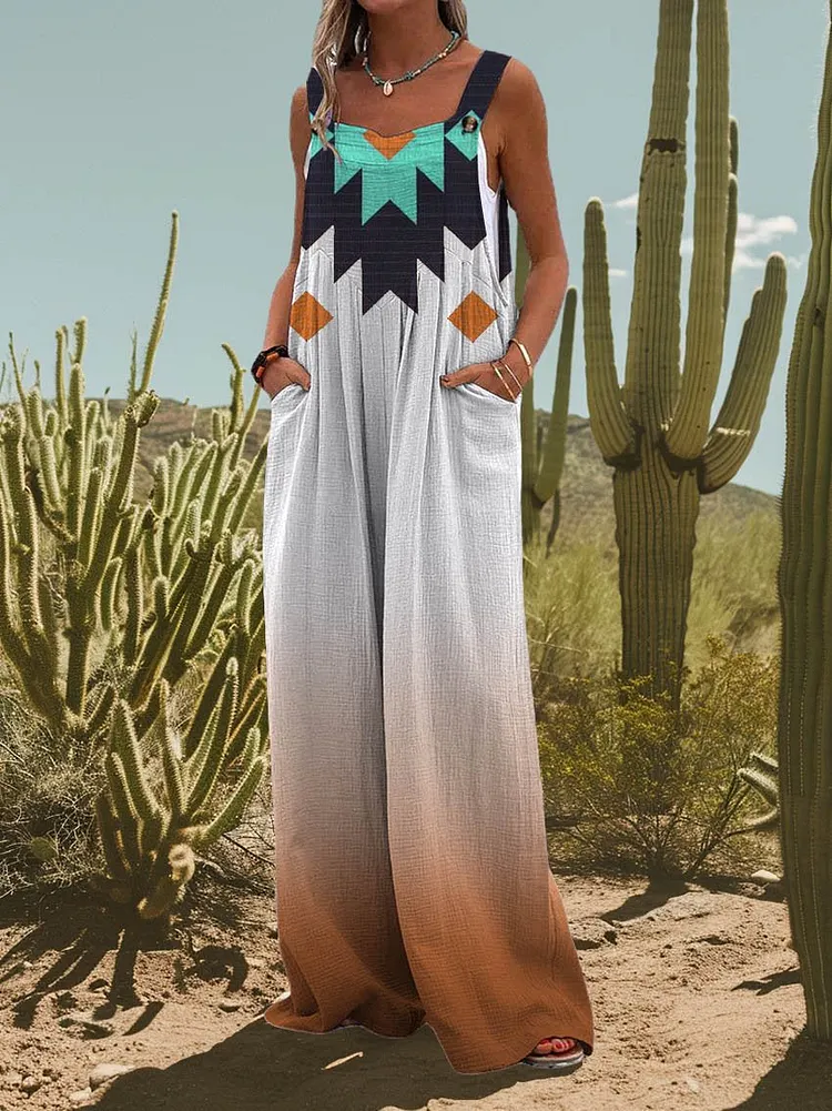 Women's Aztecs Print Casual Strap Wide Leg Pants
