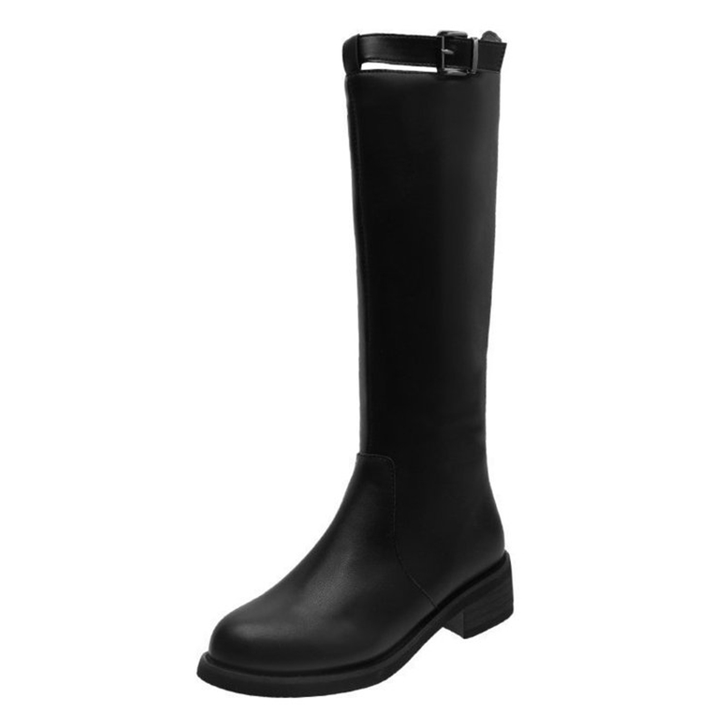 GOOSHOE Women's Knee High Boots With Flat Thick Heel Leather Buckle Decoration Side Zipper Plush Inner Boots