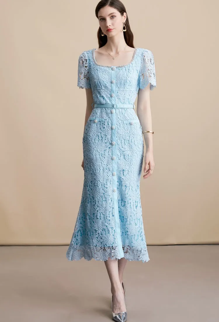Alaina Luxe Midi Dress With Belt in Blue