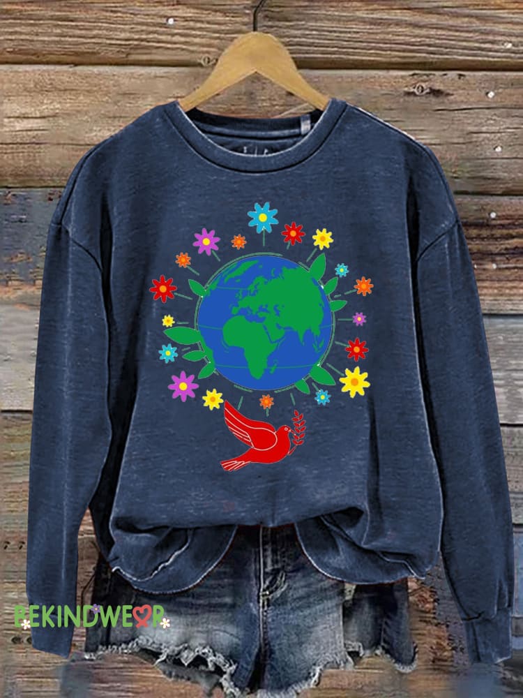 Earth Flower Peace Dove Print Casual Sweatshirt NavyBlue / S