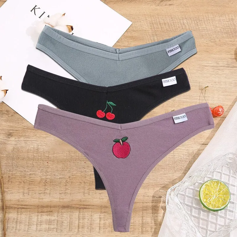 FINETOO 2/3PCS Women Lingerie Fruit Embroidery Panties G-string Sexy Low Rise Cotton Thongs Girl Underwear V-Waist Female Pantys