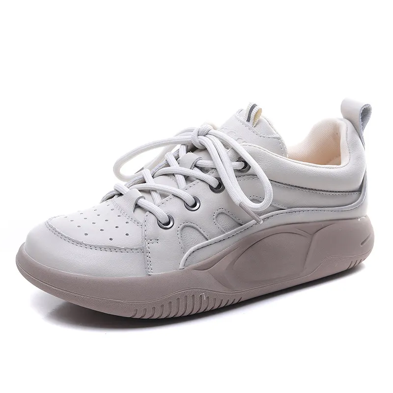 Yyvonne Layer Of Cowhite Casual Lace Handmade Women's Shoes New Leather Flat-Bottomed Sports Wind Soft Sole Shoes Wear Low Heel