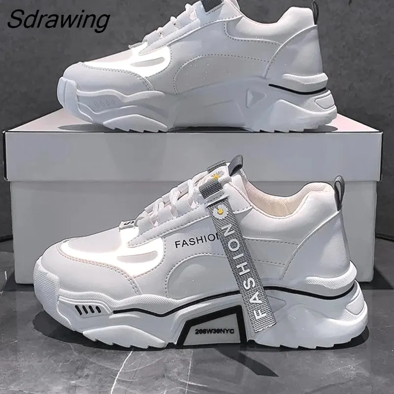 Sdrawing Spring Reflective Platform Footwear Women Thick sole Shoes Korean Dad Chunky Sneakers Mixed Color Women's Vulcanize Shoes 328-0