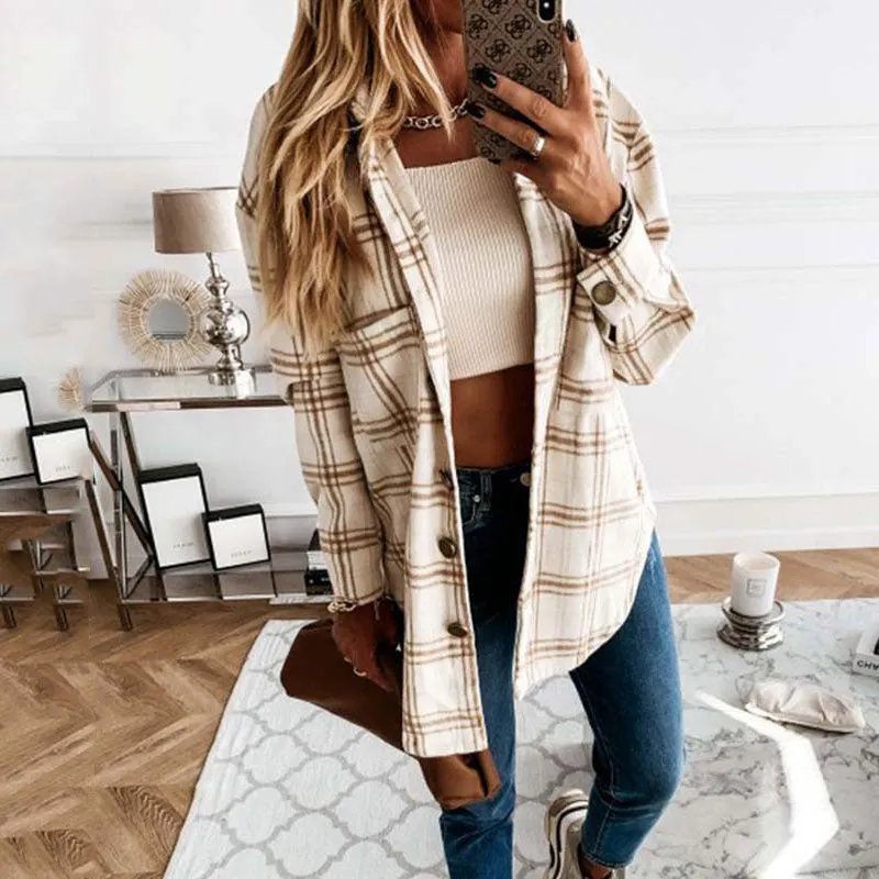65% Cotton Autumn Plaid Jacket Women Overshirt Loose Winter Checkered Jacket Female Long Sleeve Shirt Jacket For Women 2021