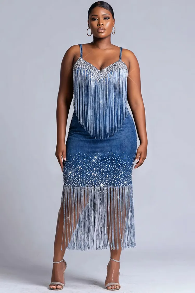 Xpluswear Design Plus Size Party Sexy Blue V Neck Strappy Drilling Tencel Denim Midi Dresses [Pre-Order] 2024 - Xpluswear