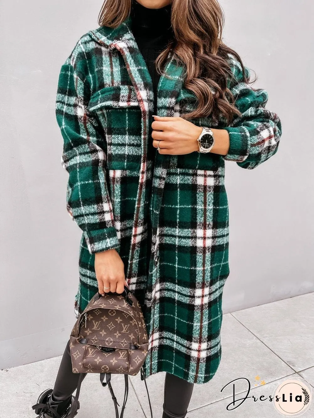 Autumn Winter Long Sleeve Plaid Print Coat
