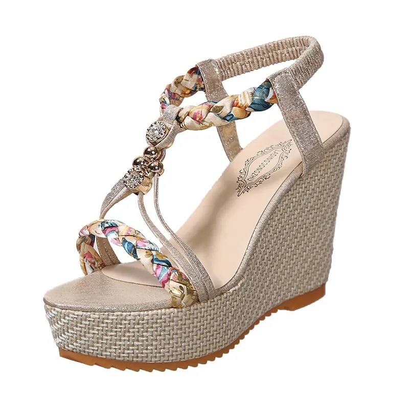 Qengg Qengg Summer New Slope Heel Women's Shoes Color Fabric Preparation Of Deed Wisted Casual Ladies Sandals