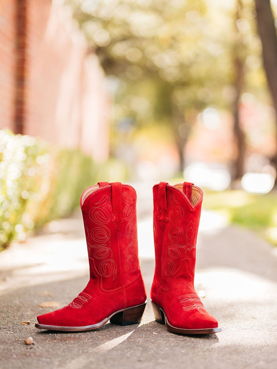 Faux Suede Sophisticated Enchanting Embroidered Wide-Calf Heeled Cowgirl Boots In Red