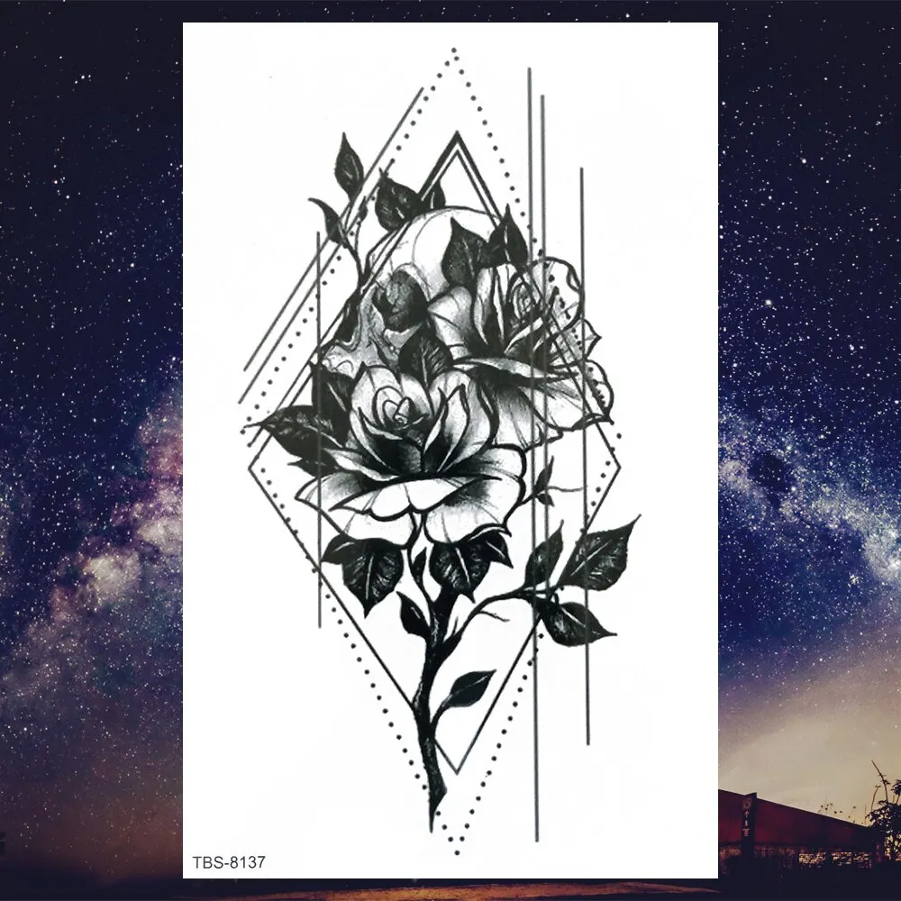 Sdrawing Henna Fake Temporary Tattoos For Men Women Black Creative Wolf Tattoo Sticker Geometric Tribe Owl Skeleton Tatoos Body Arms