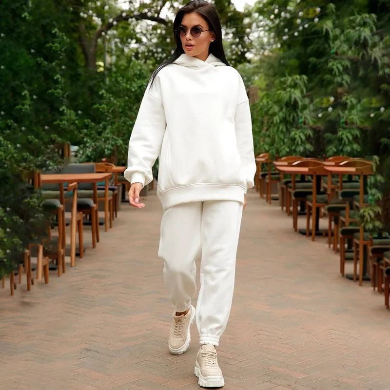 2021 Autumn Women Hoodies And Sweatpants White Tracksuits Female Two Piece Solid Color Pullovers Jacket Lounge Wear Casual Suit
