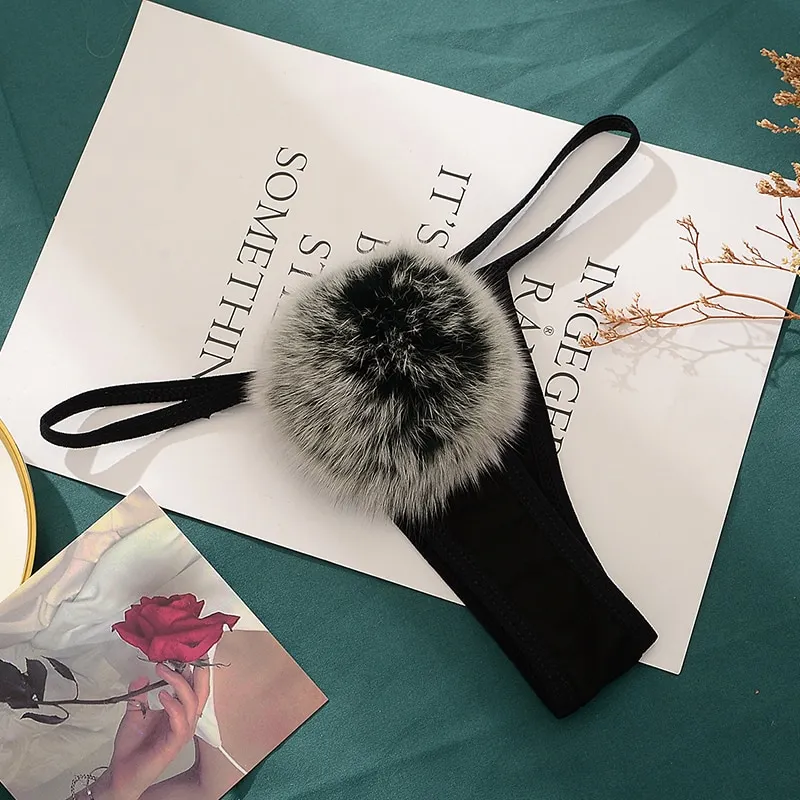 Billionm Womens Sexy Thong Pantie Cute Rabbit Tail G-String Fur Ball Bikini T-Back Cosplay Underwear exotic panties