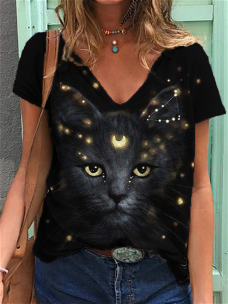 Mystical Celestial Black Cat V Neck T Shirt elevenforest