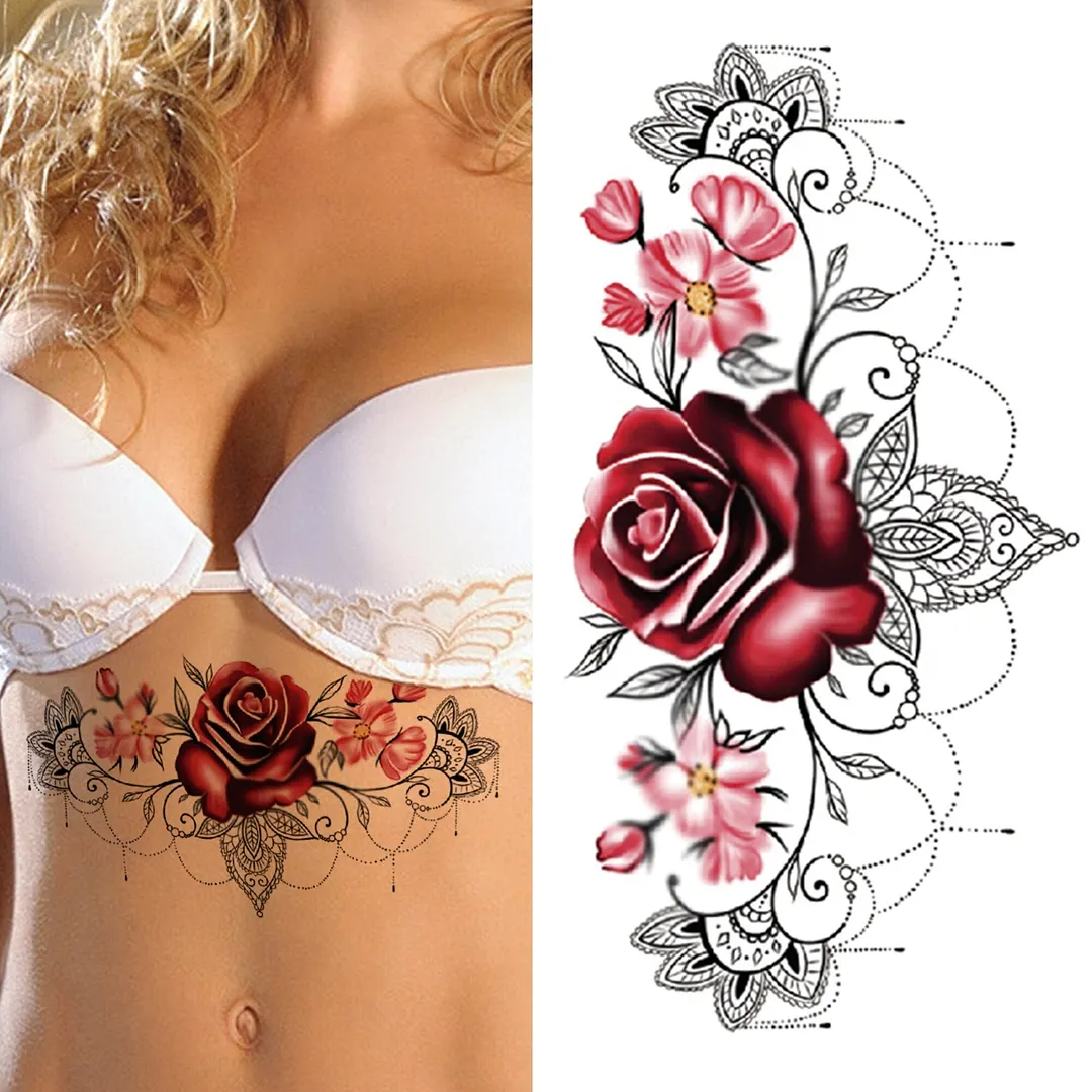 3D Snake Rose Temporary Tattoos For Women Girls Fake Flower Tattoo Sticker Black Death Eaters Dark Mark Mamba Snake Peony Tatoos 515-1
