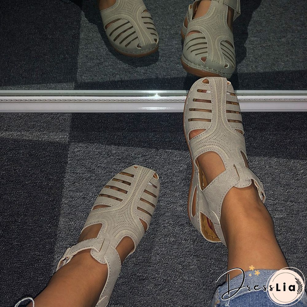 New Leather Hollow Out Vintage Sandals Casual Flat Sandals Summer Women Beach Sandal