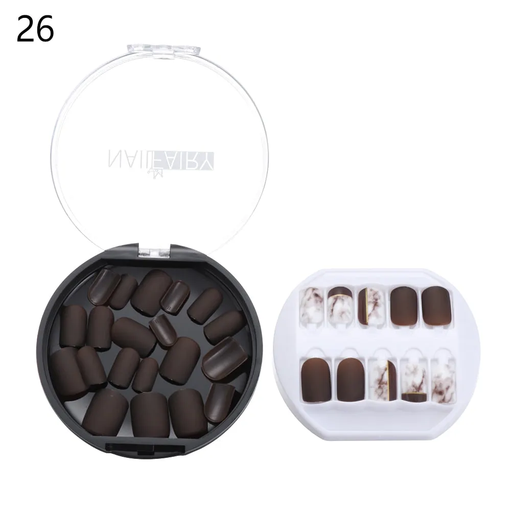 30PCS/Set Fake Nails Press Coffin False Full Artificial Short Kiss Detachable Stick Designs Press Nails Art Tipsy Cover Box