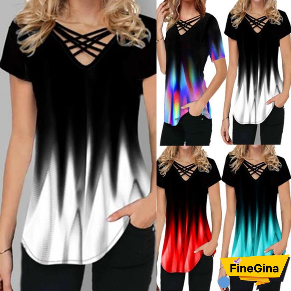 Summer Women's Fashion Loose Casual Short Sleeved Floral Gradients Printed V- Neck T Shirt & Blouses Tops