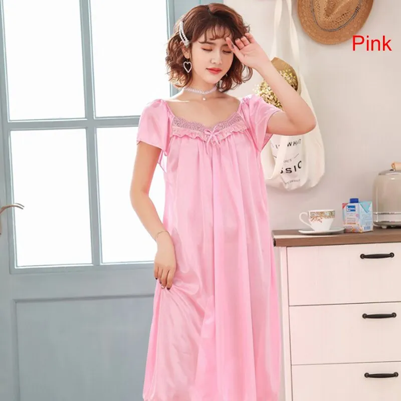 Sexy Night Dress Silk Short Sleeve Sleeping Dresses Ice Silk Satin Sleepwear Female Nightgown Women Plus Size Night Shirts