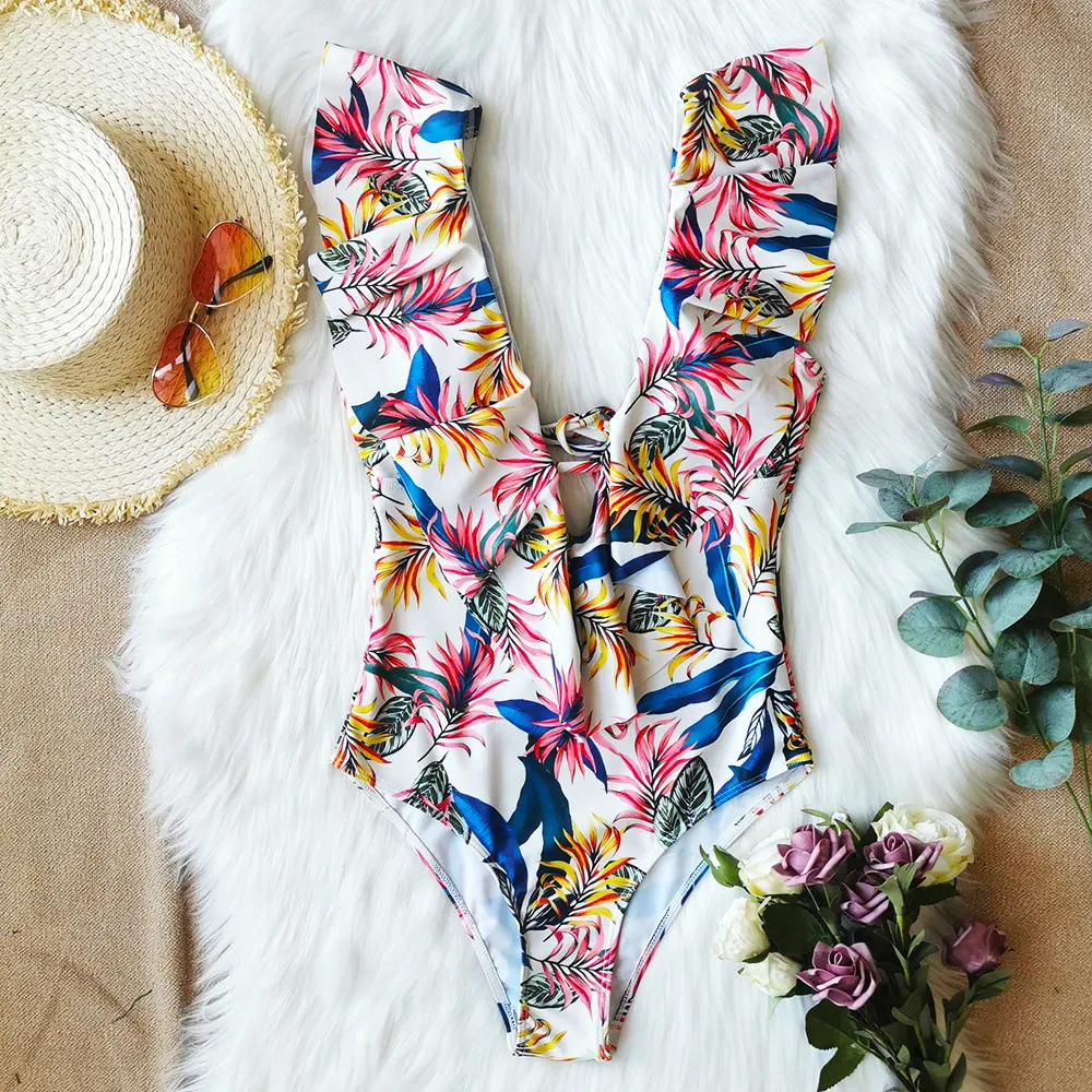 Churchf Printed Flowers Even Lotus Leaf Side Body Swimsuit Women 2025 New Swimsuit Bare Back