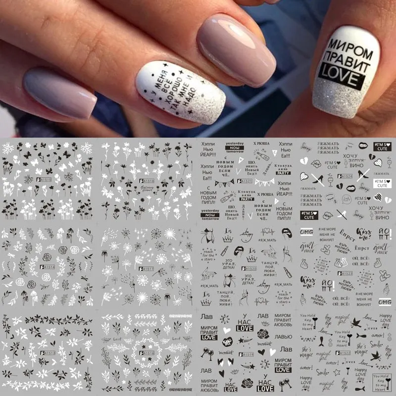 12Pcs Flower Leaf Geometric Lines Water Decals Spring Floral Butterfly Transfer Sliders Paper For Nails Decoration Manicures