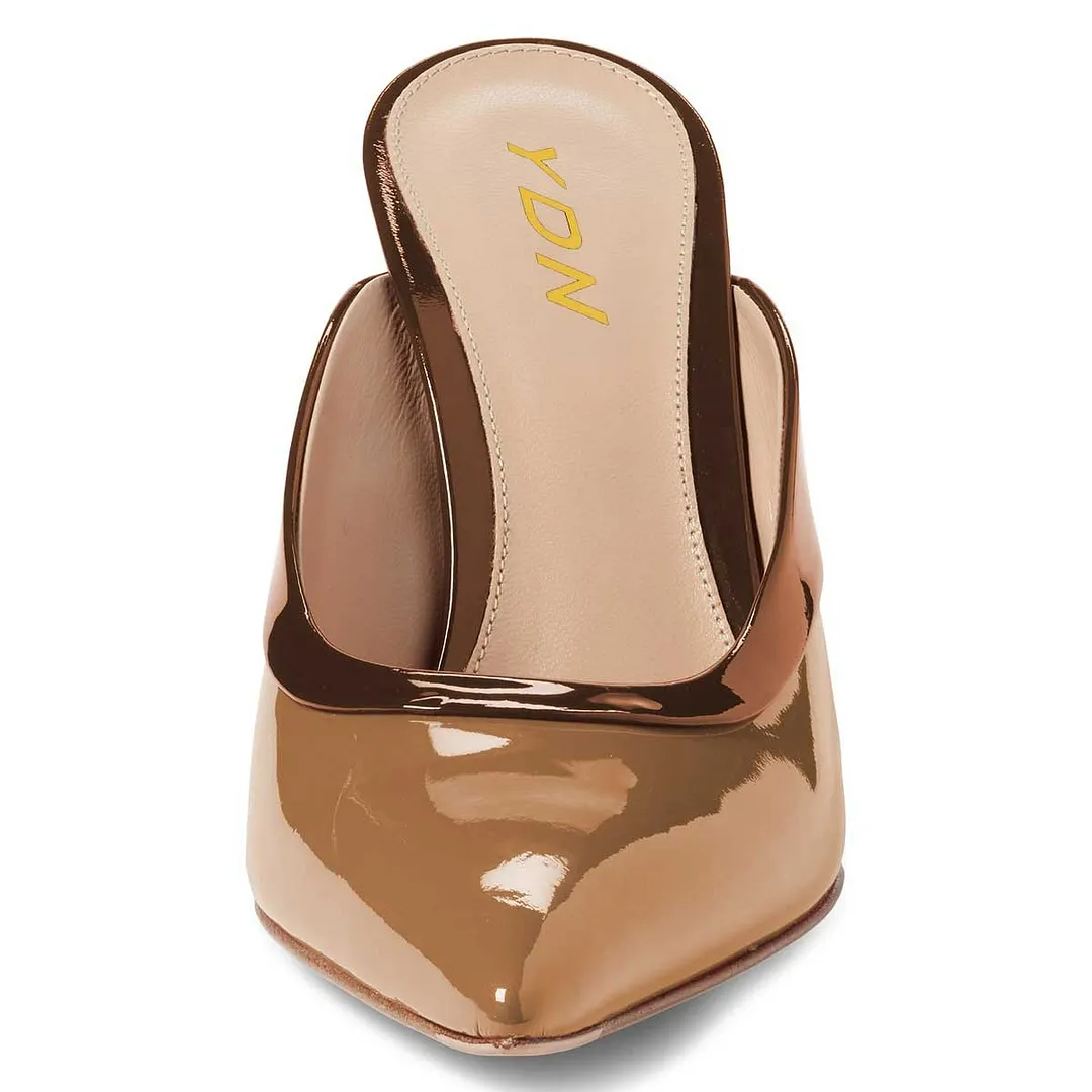 Brown Patent Stiletto Heel Slip-On Mules Shoes with Stiletto Heel