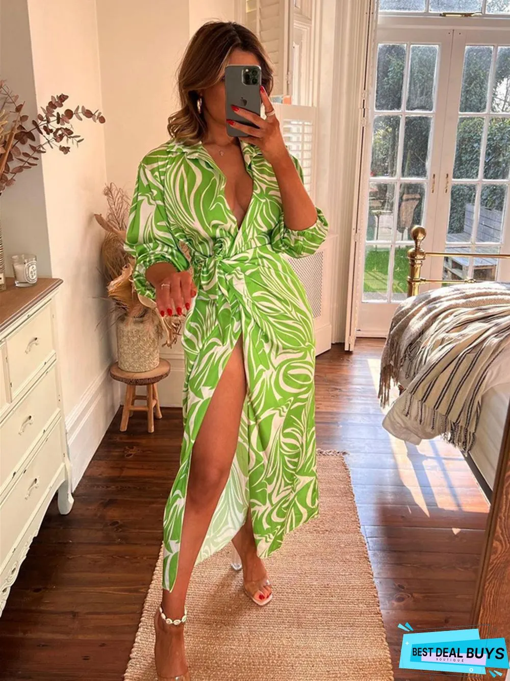 Fashionable Printed Lantern Sleeve Lace Up Slit Lapel Dress Popular Color Contrast Medium and Long Skirt