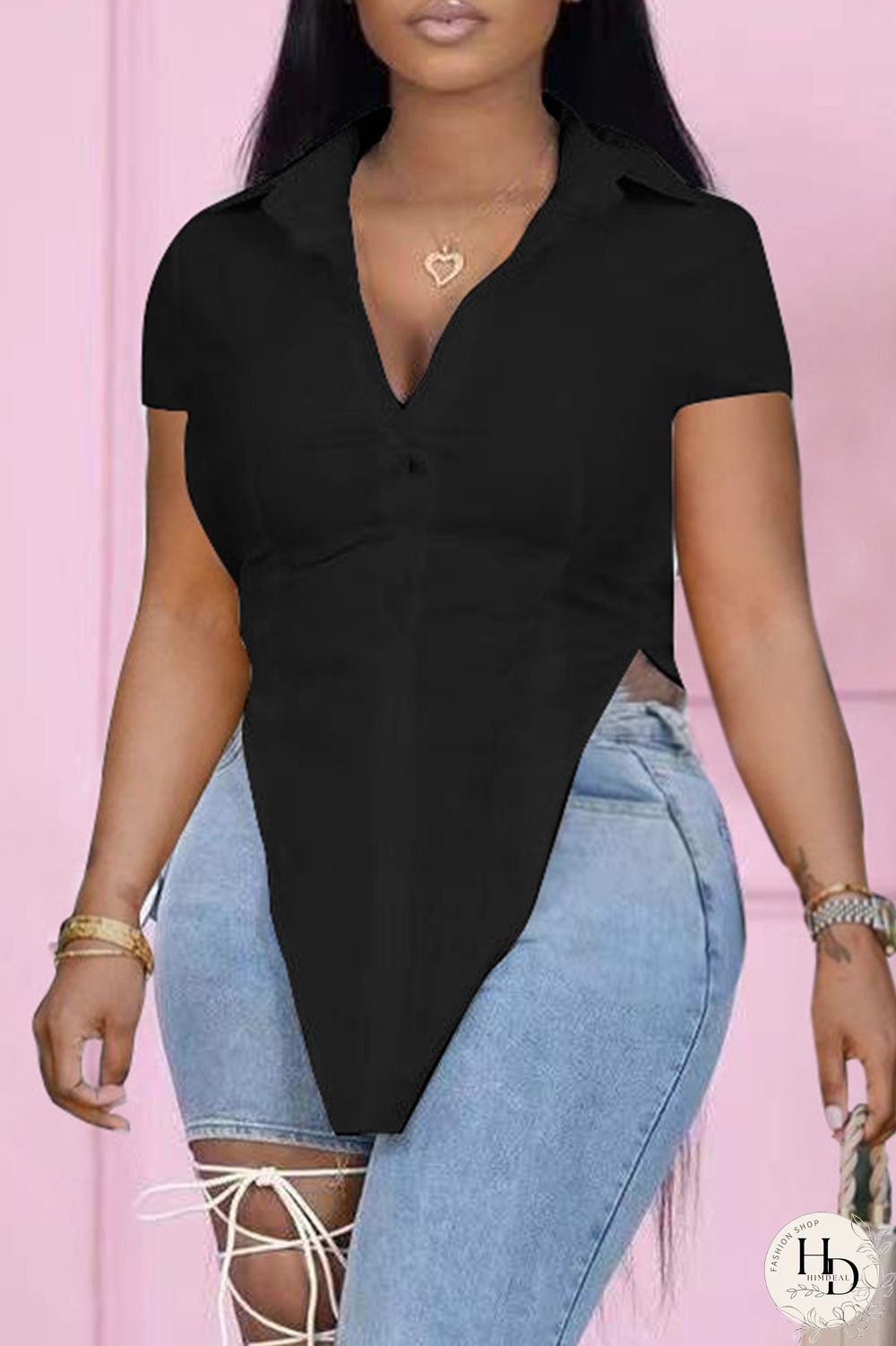 Sky Blue Fashion Casual Solid Asymmetrical Turndown Collar Tops