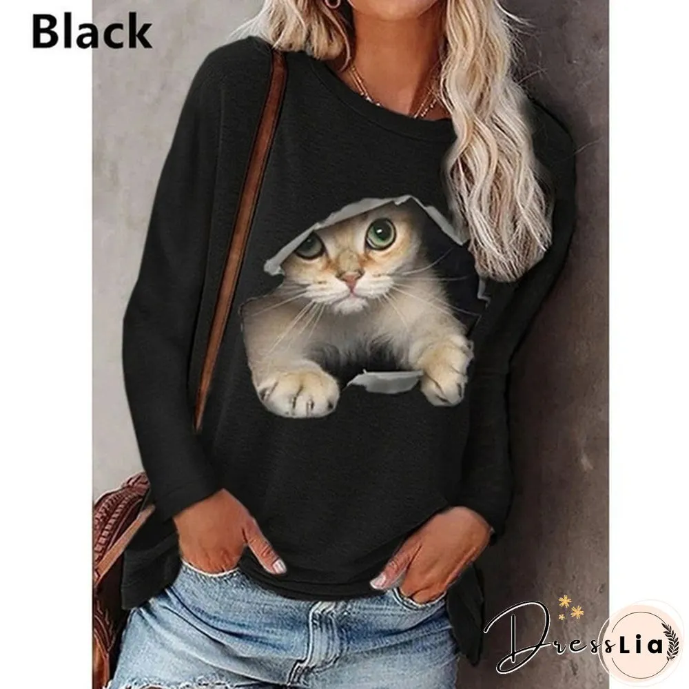 XS-5XL Plus Size Fashion Women Spring and Autumn Casual T-shirts Long Sleeve Hoodies Cute Cat Print Pullover Tops Round Neck Tops