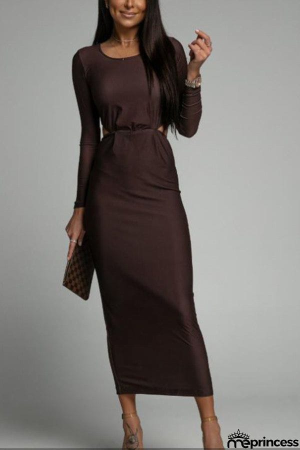 Round neck slim fit solid color slit backless waist dress