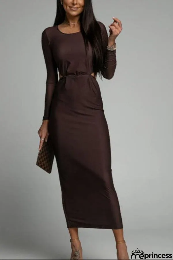 Round neck slim fit solid color slit backless waist dress