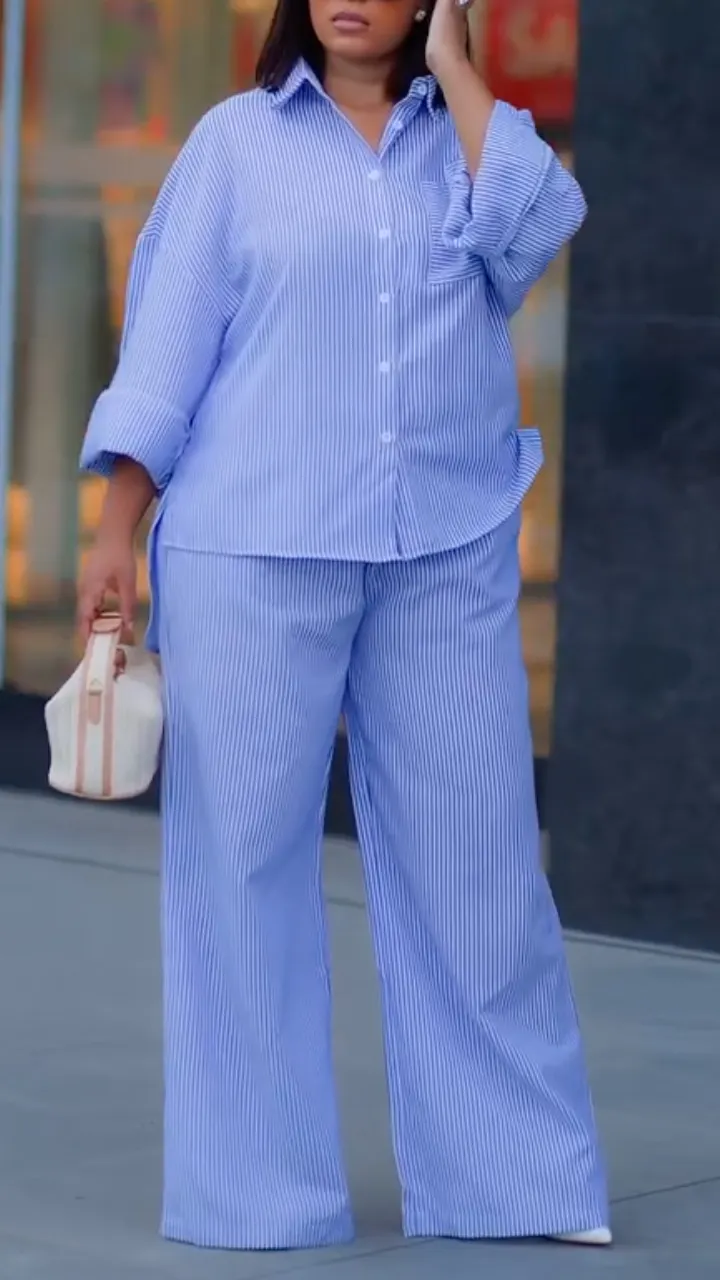 Women's Collared Pinstripe Shirt Casual Suit