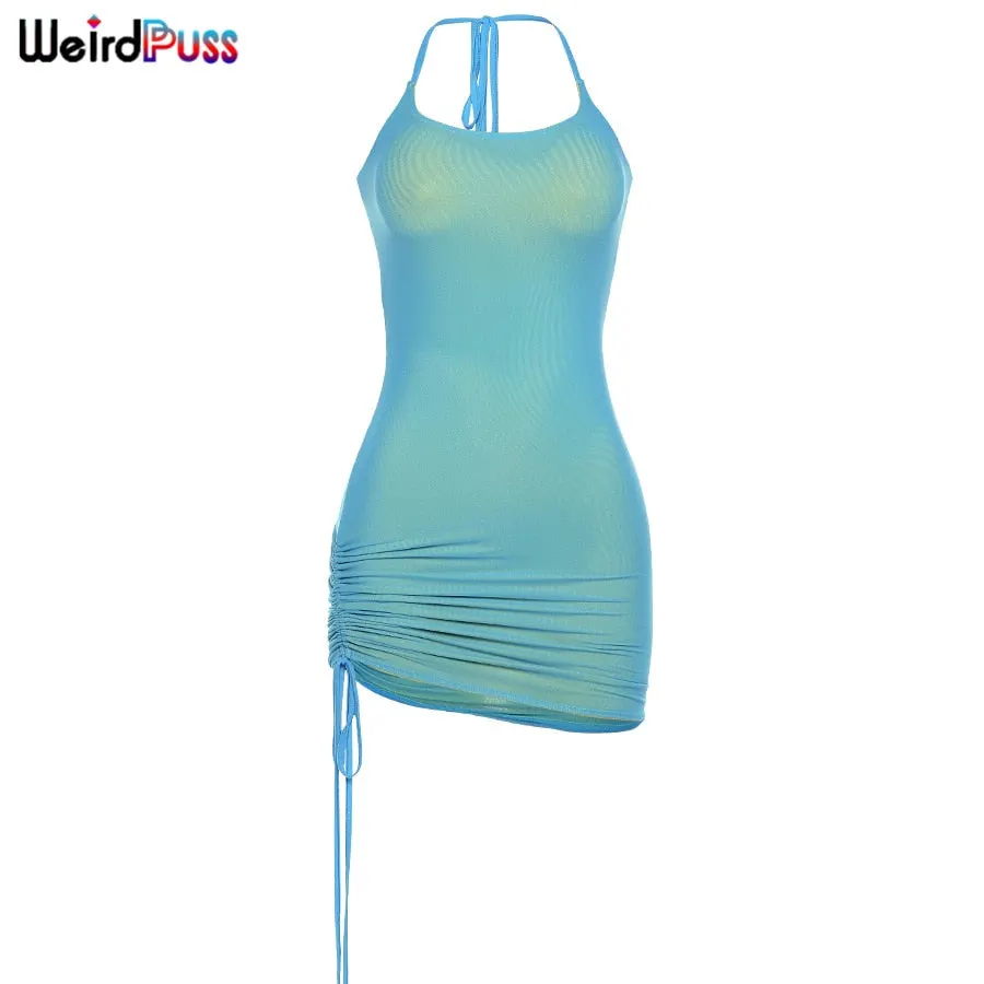 Weird Puss Double Layer Halter Sexy Mini Party Dress Sleeveless Backless Bandage Skinny Bodycon Vacation Streetwear Soft Outfits