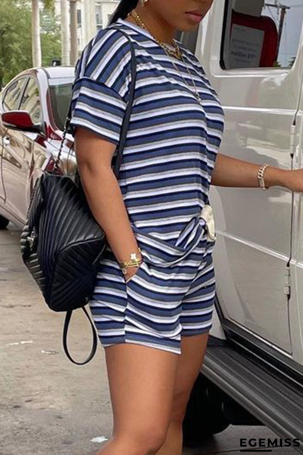 Black Casual Striped Print Patchwork O Neck Short Sleeve Two Pieces | EGEMISS