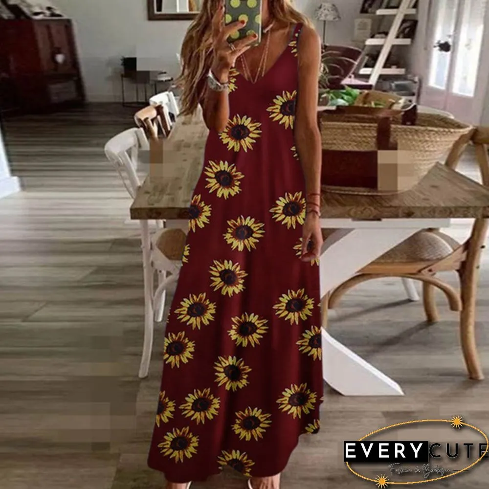 Women's Fashion Summer Sleeveless Floral Printing Sling Dress Deep V-Neck Slim Fit Big Swing Skirts Loose Casual Long Maxi Dresses Ladies Plus Size Party Dresses
