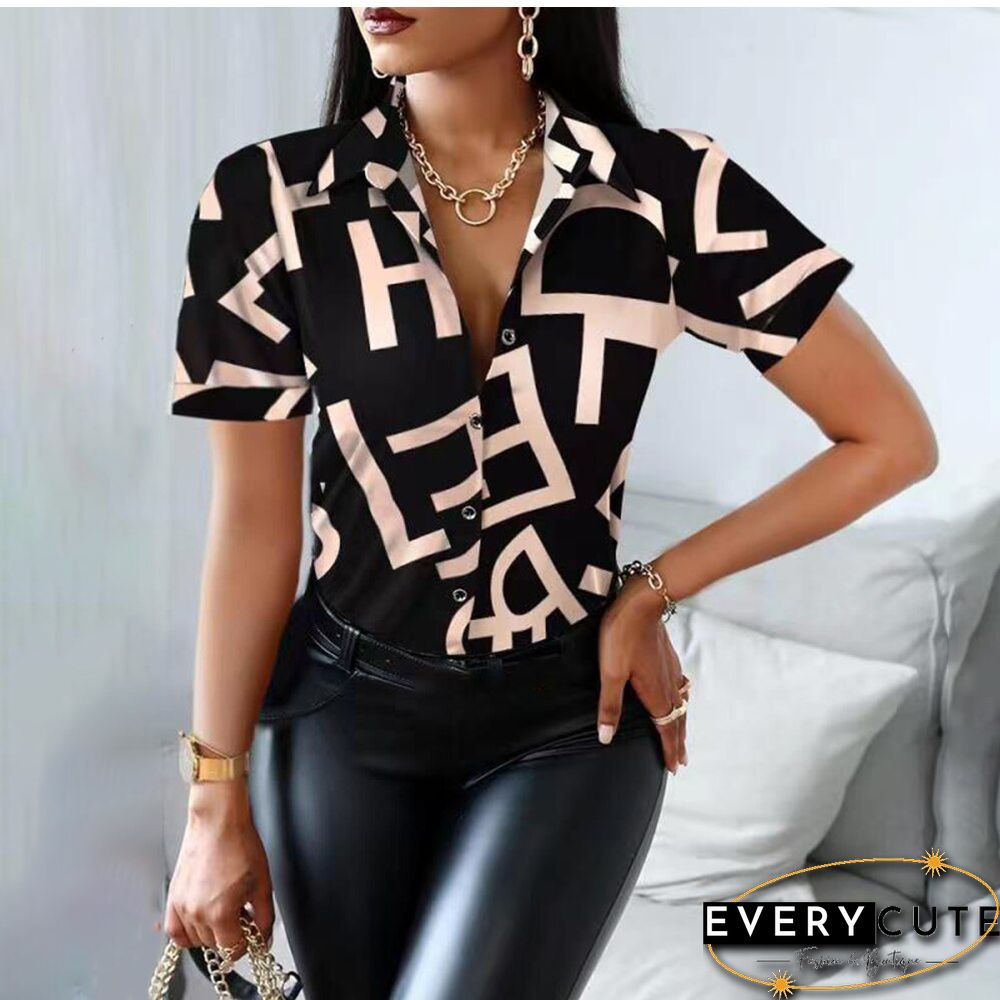 Summer Women Black Floral Print Top Shirt Fashion Casual Short Sleeve Turn-down Collar Tops Shirts New Elegant Slim Button Shirt
