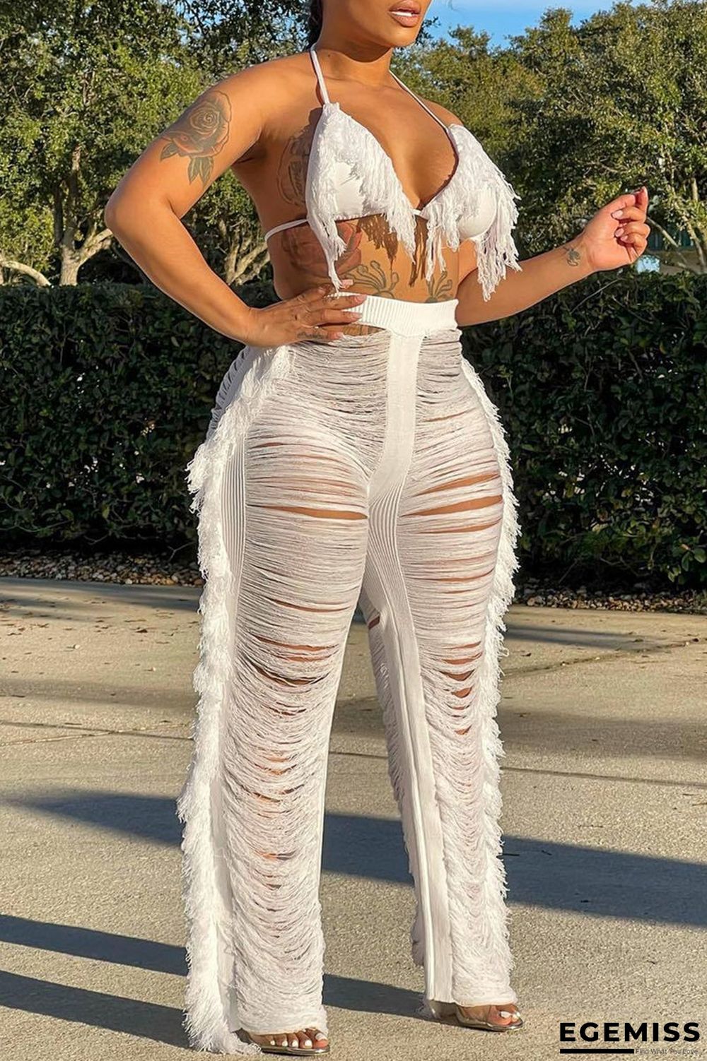 White Sexy Solid Tassel Ripped Bandage Backless Halter Sleeveless Two Pieces | EGEMISS