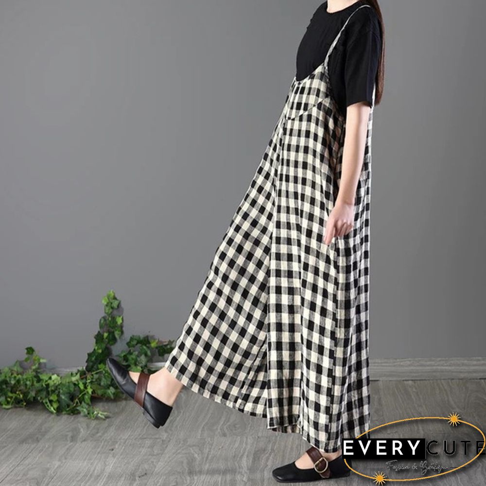 Women Loose Bib Pants Ladies Checked Suspenders Baggy Overalls Sleeveless Jumpsuit