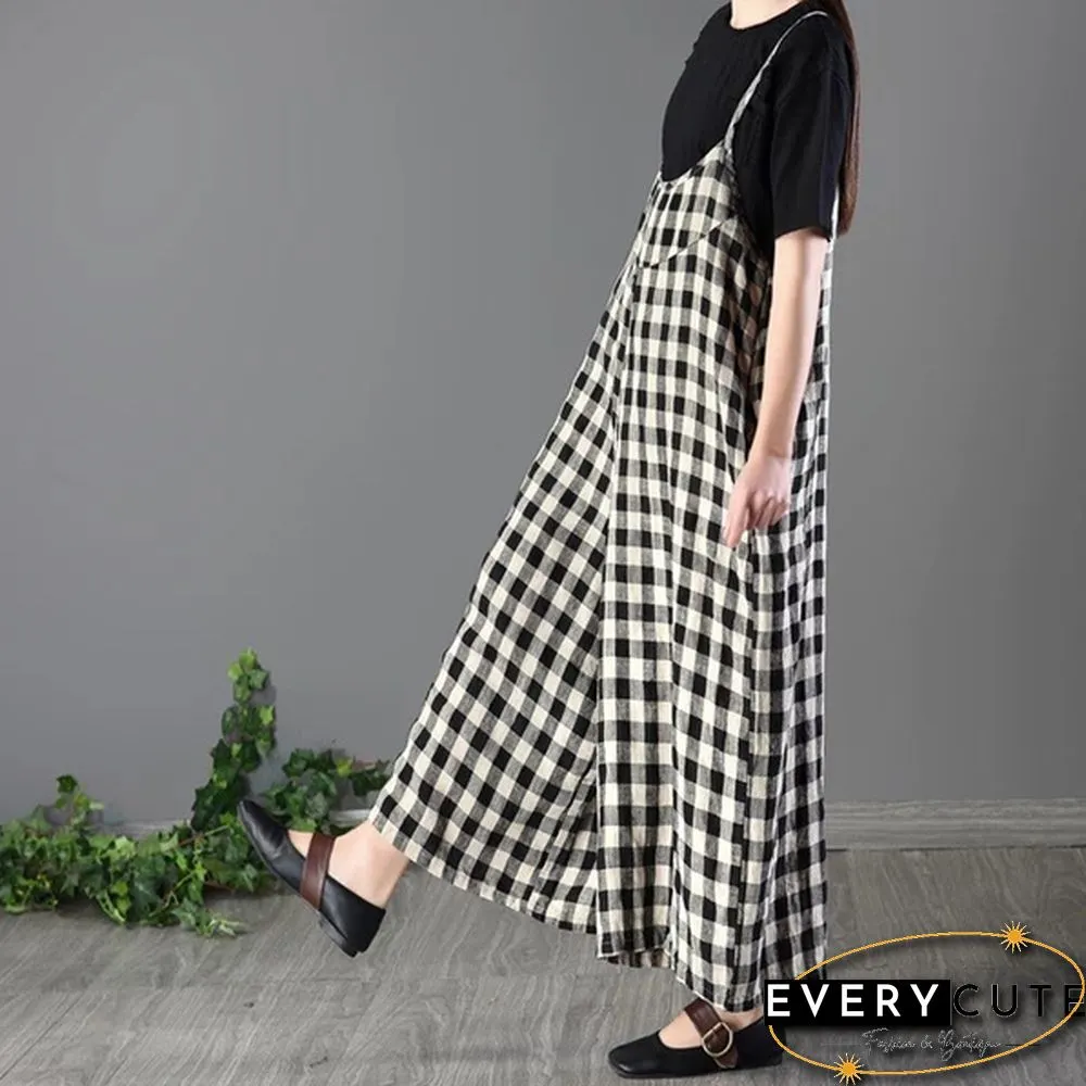 Women Loose Bib Pants Ladies Checked Suspenders Baggy Overalls Sleeveless Jumpsuit