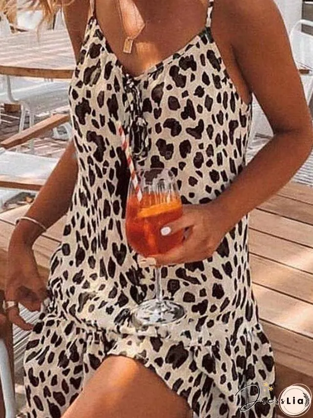 Leopard Print V-neck Casual Suspender Dress