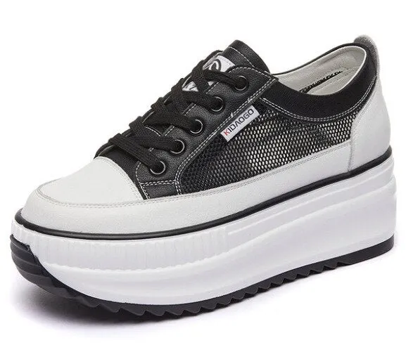 Fujin Genuine Leather 8cm Dad Shoes Chunky Sneakers Platform Heel Wedge Air Mesh Summer Shoes Vulcanized White Sneakers 2021