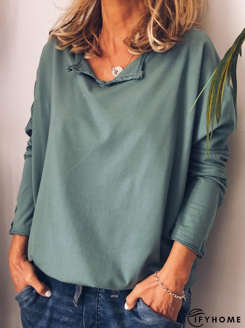 Casual Cotton V Neck Long Sleeve T-Shirt | IFYHOME