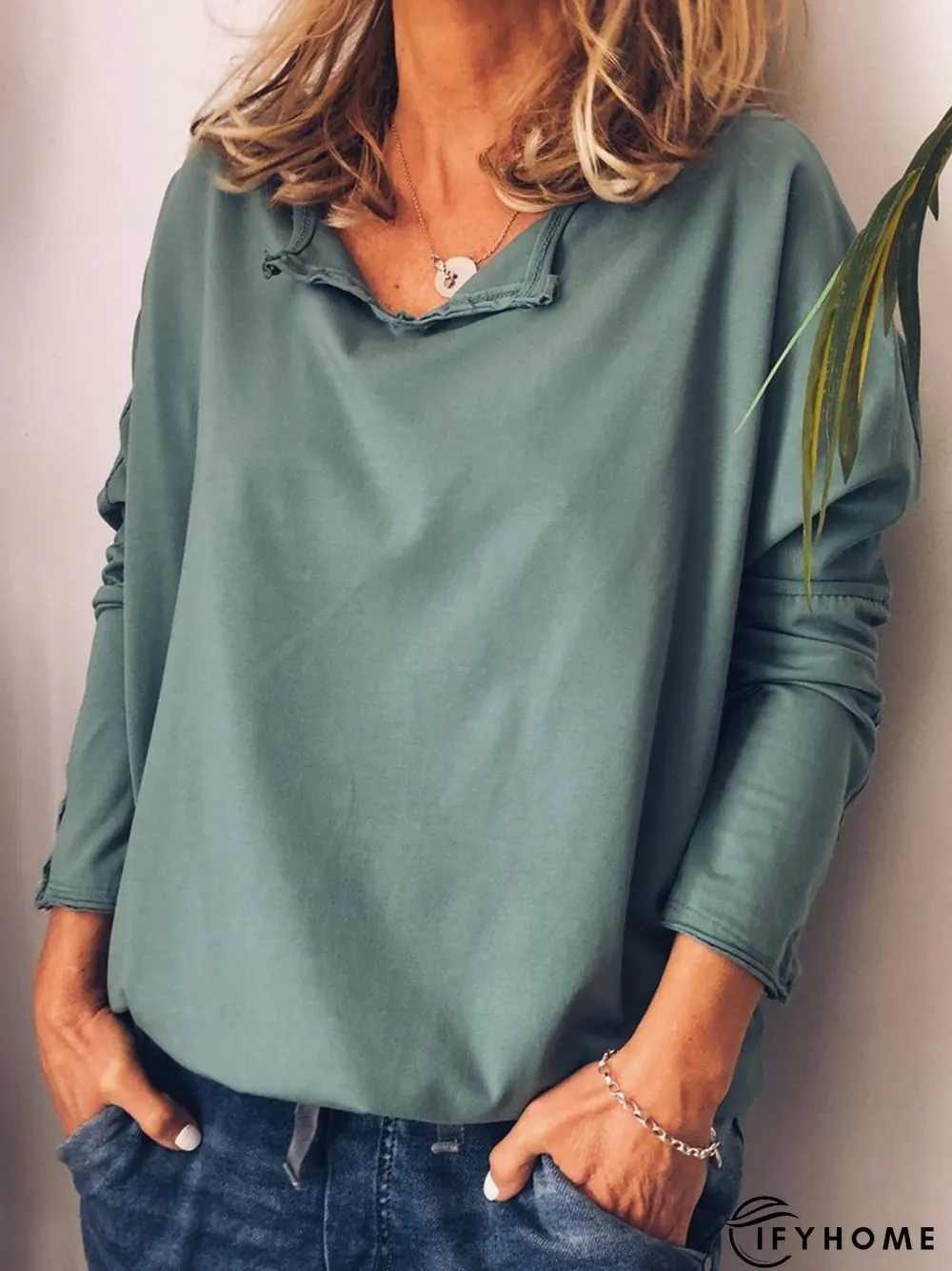 Casual Cotton V Neck Long Sleeve T-Shirt | IFYHOME