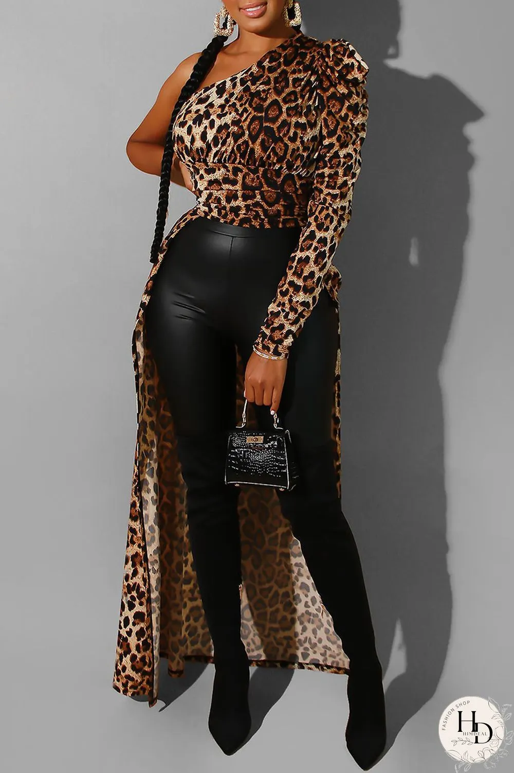 Leopard Print Sexy Print Leopard Split Joint Fold Asymmetrical Oblique Collar Dresses