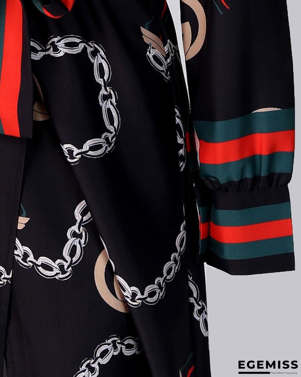 Long Sleeve Chain Baroque Print Dress Black Dresses | EGEMISS