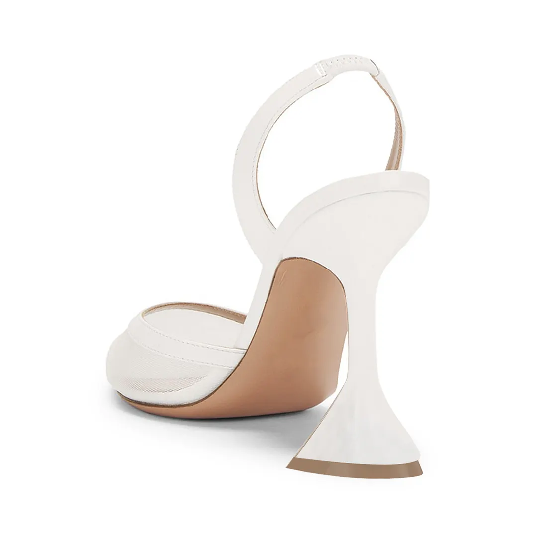 Patent Leather & Mesh Pointed Slingback Flared Heel Ivory Pumps